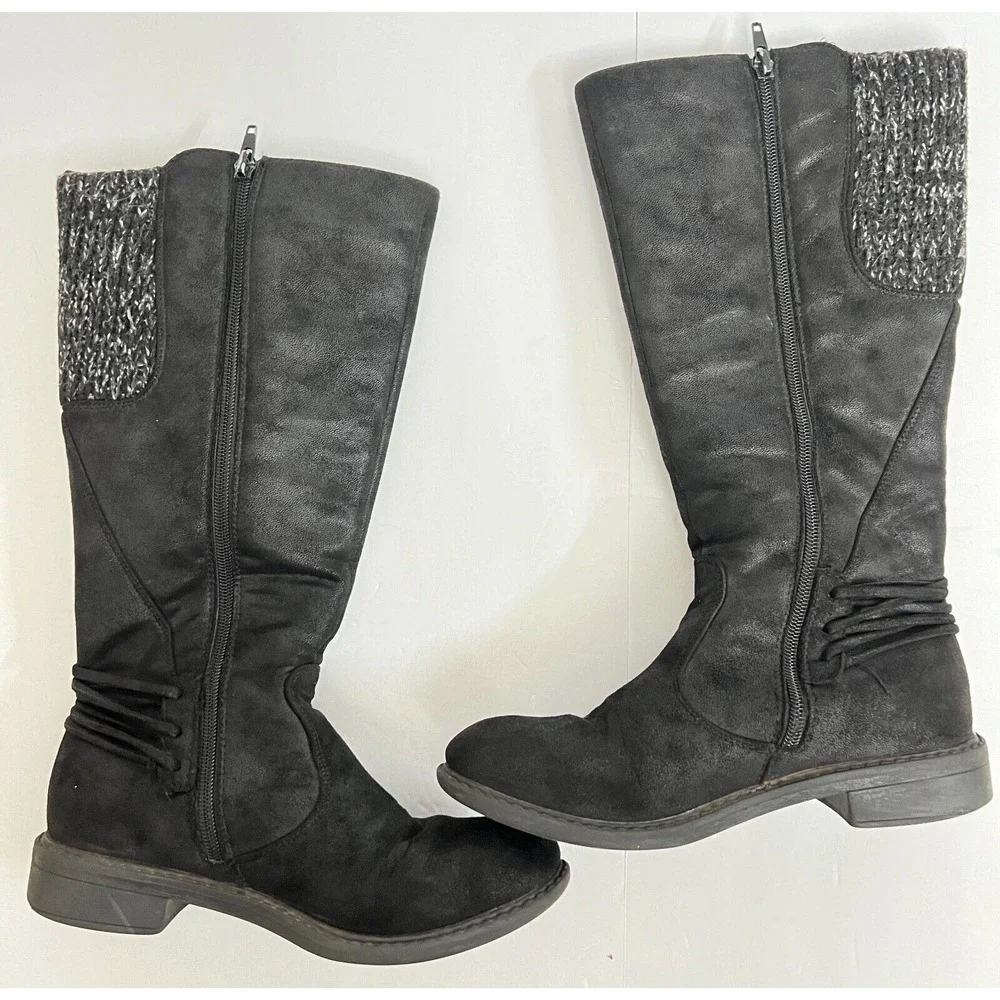 Girls Black Knit Trim Side Zip Knee High‎ Boots